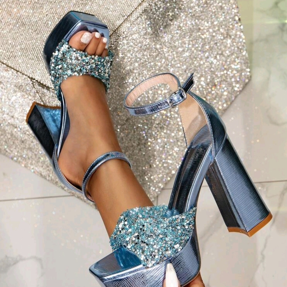 Silver and Blue Block Heel Sandals with Crystal Embellishments